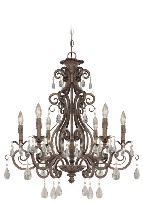 French Roast Curve Arms with Clear Crystal Drop Chandelier, 29", by Craftmade
