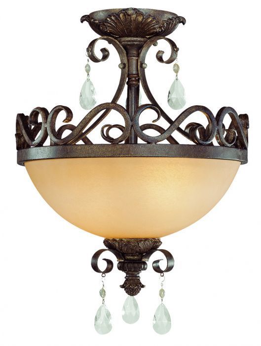 French Roast Curve Arms with Clear Crystal Drop and Umber Etched Glass Flush Mount
