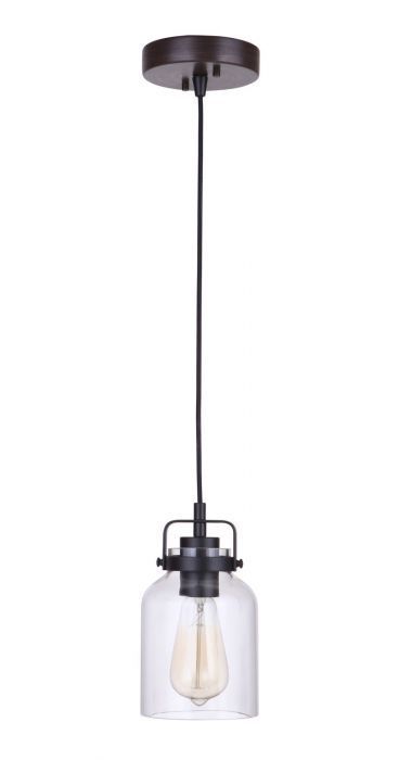 Steel Frame with Clear Glass Shade Single Pendant in Flat Black with Dark Teak by Craftmade