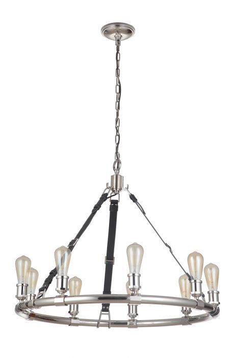 Polished Nickel Ring Frame with Leather Strapped Chandelier