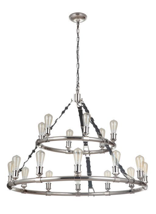 Polished Nickel Ring Frame with Leather Strapped 2 Tier Chandelier