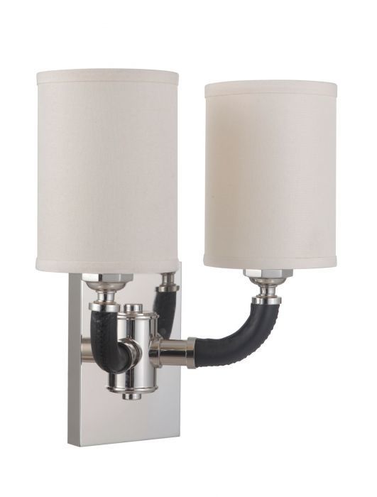 Polished Nickel and Leather Wrapped Arm with Fabric Shade 2 Light Wall Sconce