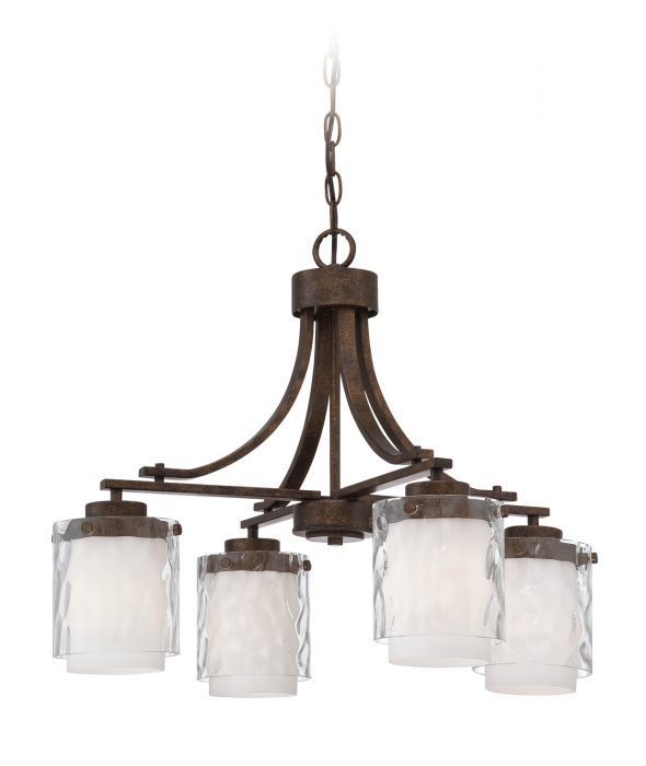 Peruvian Bronze with Clear and White Cylindrical Glass Shade Down Chandelier