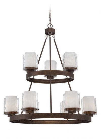 Peruvian Bronze with Clear and White Cylindrical Glass Shade Up 2 Tier Chandelier
