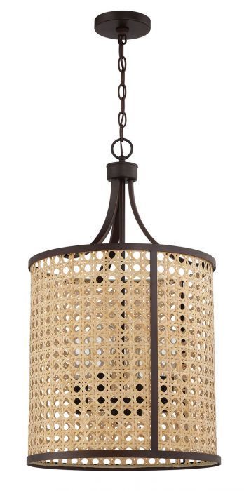Aged Bronze Brushed Frame with Woven Rattan Drum Shade Pendant