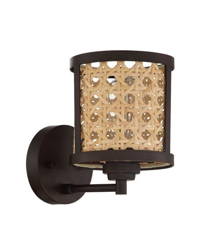 Aged Bronze Brushed Frame with Woven Rattan Drum Shade Wall Sconce