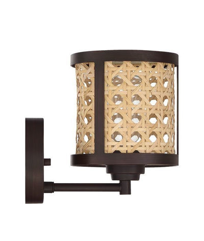 Aged Bronze Brushed Frame with Woven Rattan Drum Shade Wall Sconce
