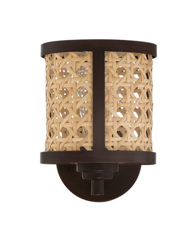 Aged Bronze Brushed Frame with Woven Rattan Drum Shade Wall Sconce