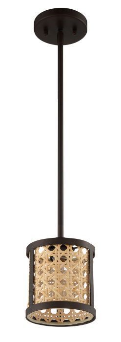 Aged Bronze Brushed Frame with Woven Rattan Drum Shade Mini Pendant by Craftmade - view 2