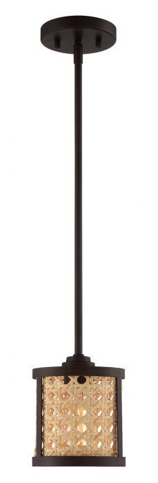 Aged Bronze Brushed Frame with Woven Rattan Drum Shade Mini Pendant