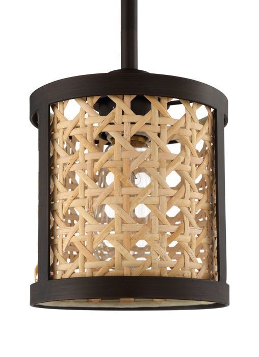 Aged Bronze Brushed Frame with Woven Rattan Drum Shade Mini Pendant