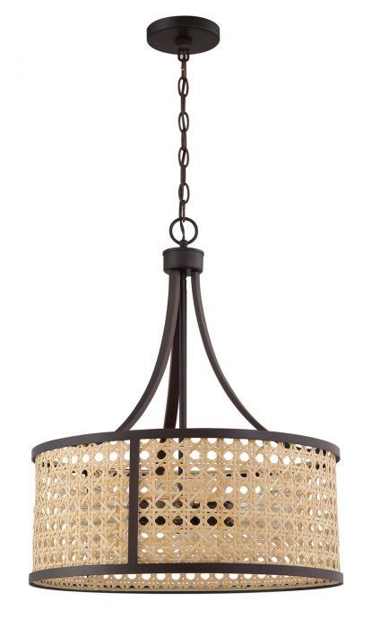 Aged Bronze Brushed Frame with Woven Rattan Drum Shade Chandelier