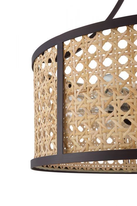 Aged Bronze Brushed Frame with Woven Rattan Drum Shade Chandelier
