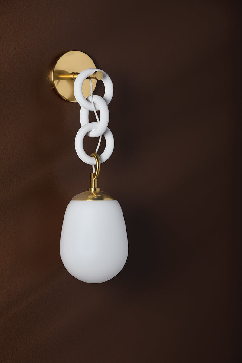 Aged Brass and Textured White Frame with White Glass Shade Wall Sconce