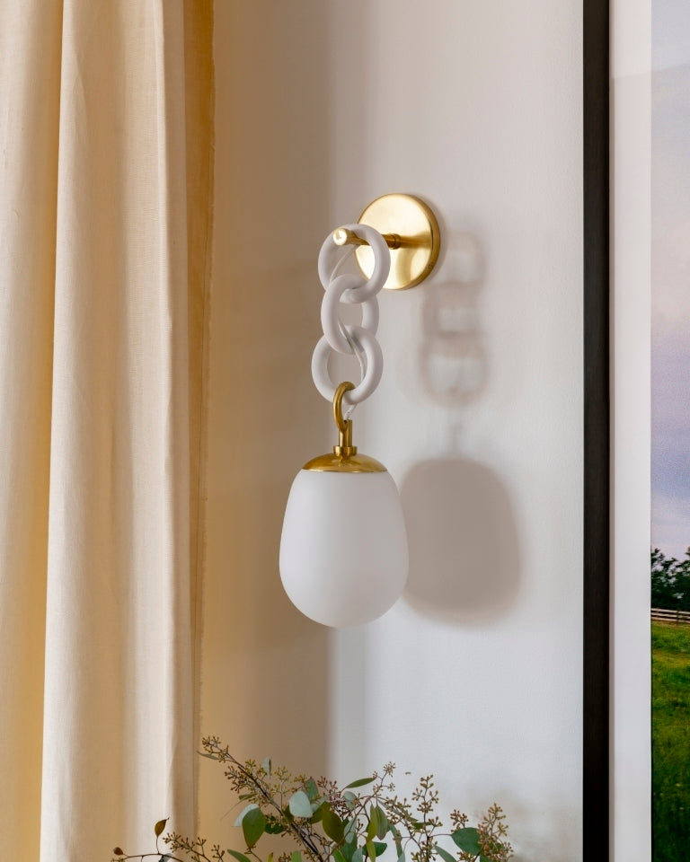 Aged Brass and Textured White Frame with White Glass Shade Wall Sconce
