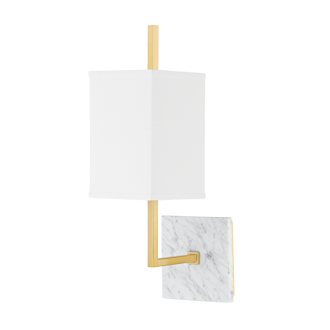 Steel Square Arm with White Marble Base and White Linen Shade Wall Sconce