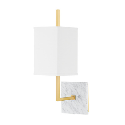 Steel Square Arm with White Marble Base and White Linen Shade Wall Sconce