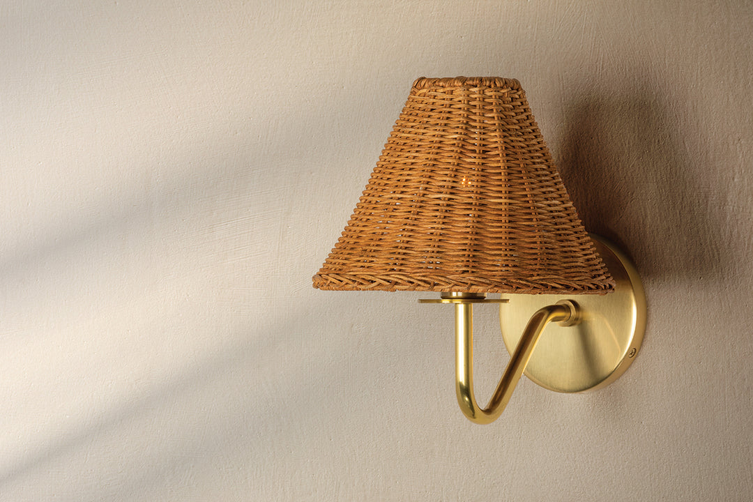 Steel Curve Arm with Woven Rattan Shade Wall Sconce