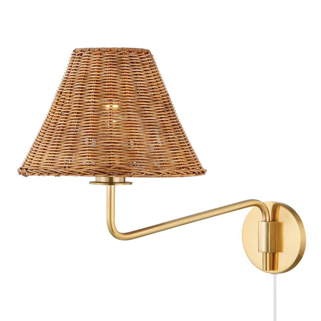 Steel Curve Arm with Woven Rattan Shade Plug In Wall Sconce