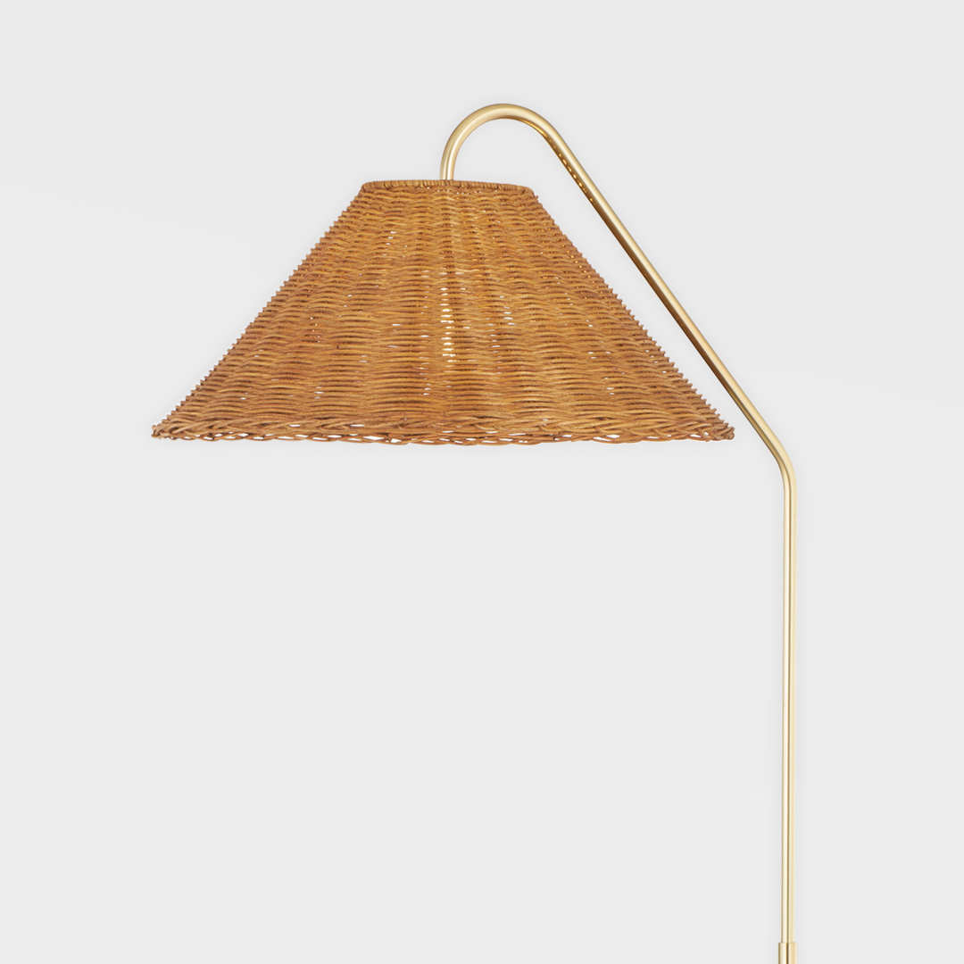 Aged Brass Arm and Textured Black Base with Natural Rattan Shade Floor Lamp