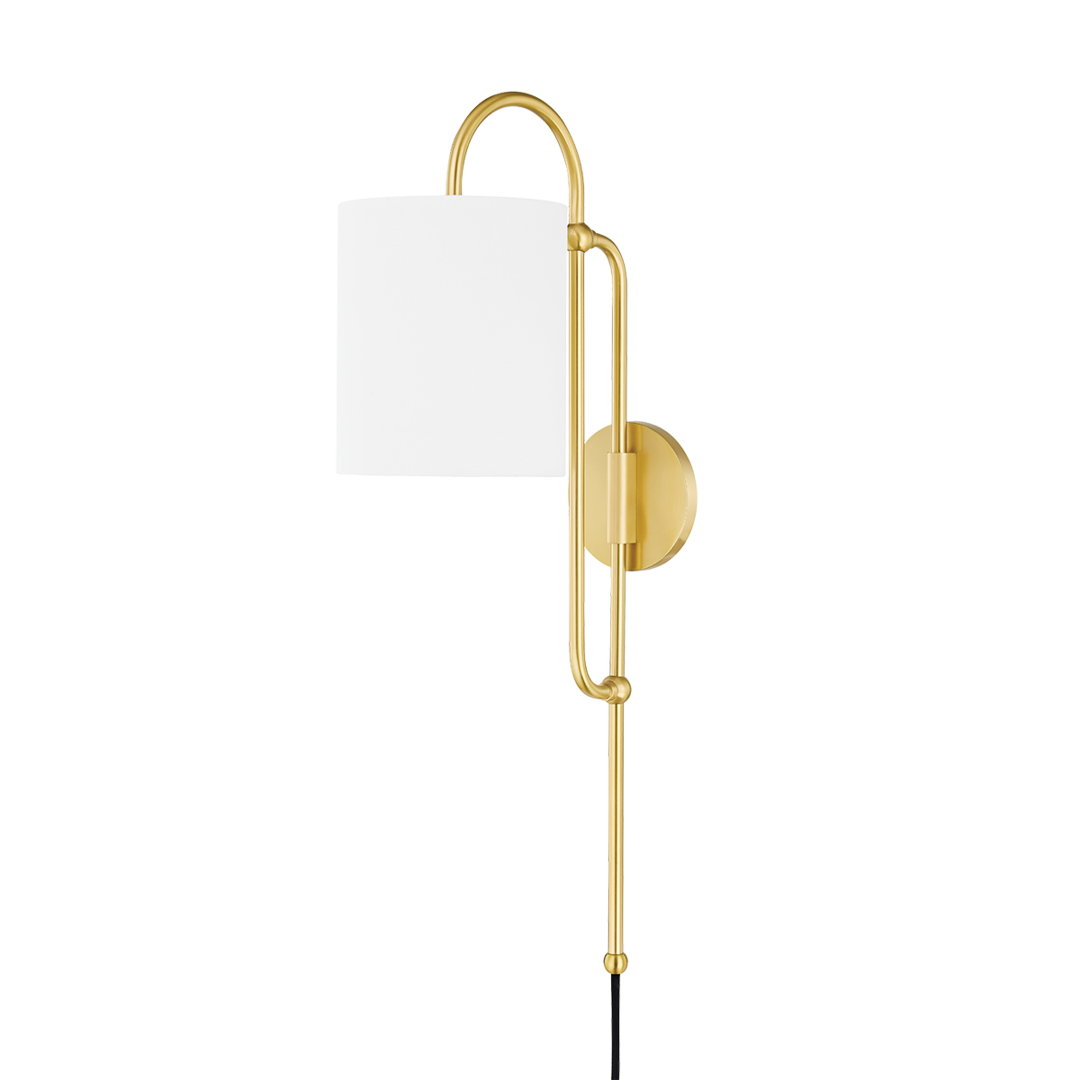 Steel Curve Arms with Cylindrical White Linen Shade Plug In Wall Sconce