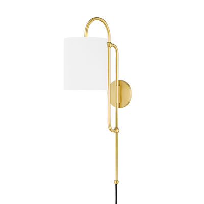 Steel Curve Arms with Cylindrical White Linen Shade Plug In Wall Sconce