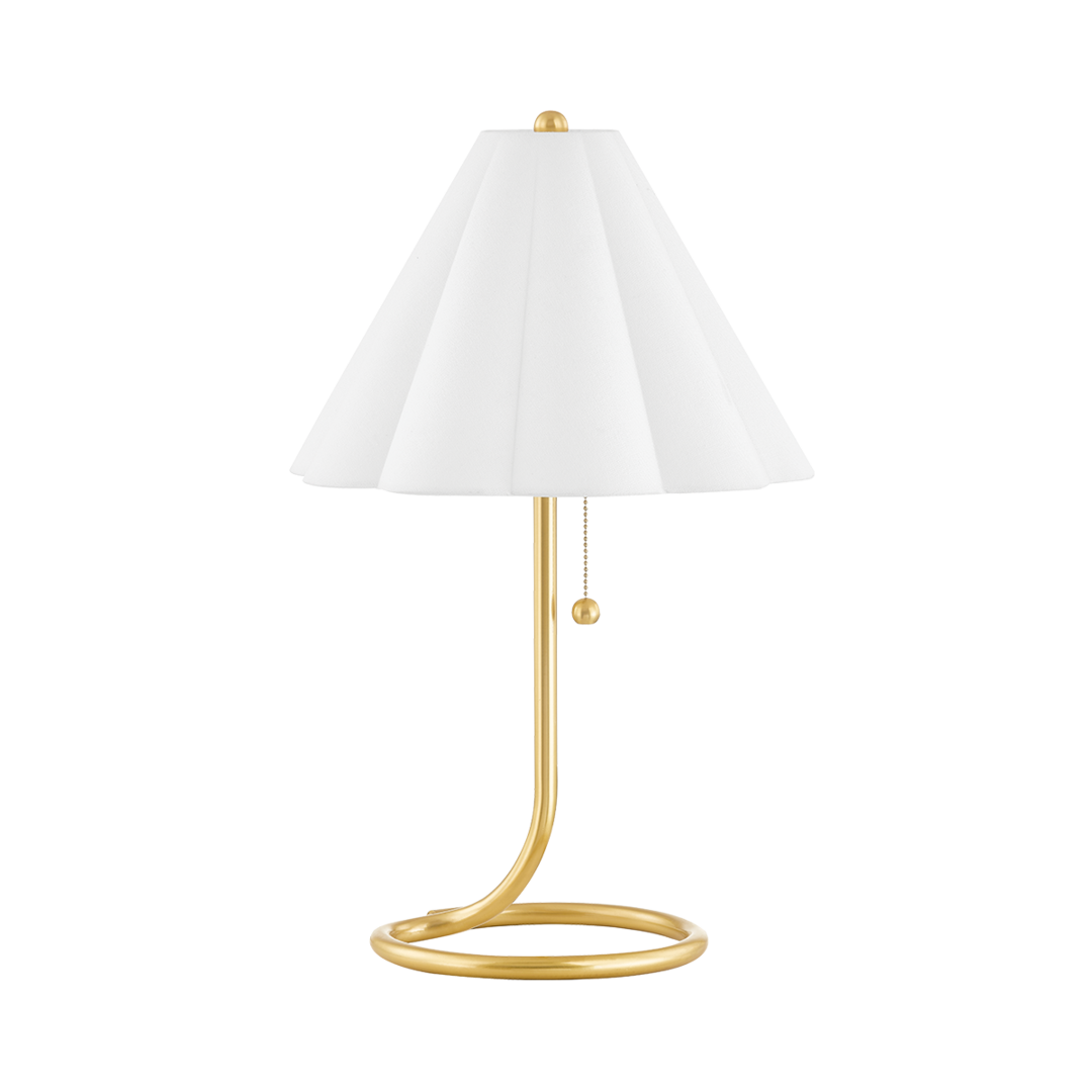 Aged Brass Twisted Loop with Off White Scalloped Shade Table Lamp