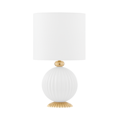 Aged Brass Frame and Globe Shaped Opal Glossy Glass Base with Linen Shade Table Lamp