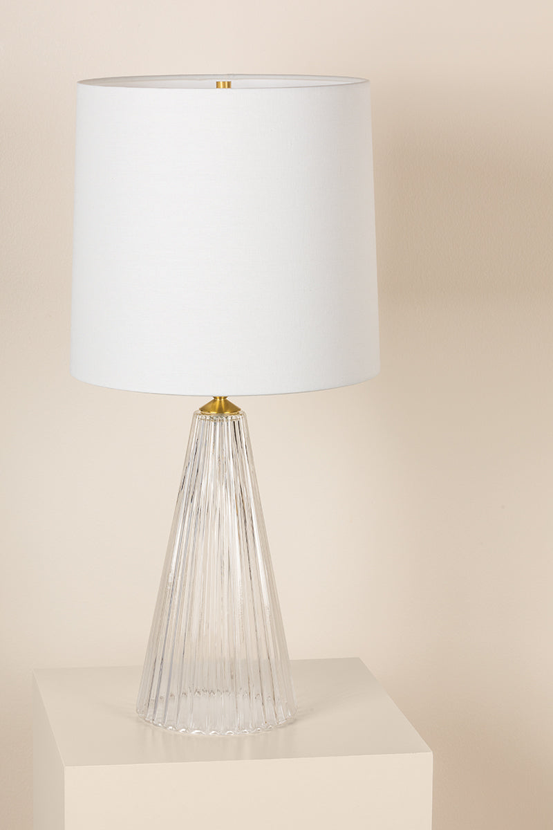 Clear Glass Fluted Base with White Linen Drum Shade Table Lamp