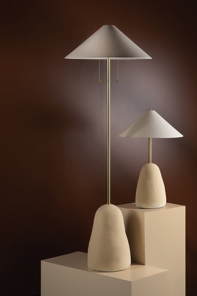 Aged Brass with Ceramic Textured Beige Base with White Linen Shade Table Lamp