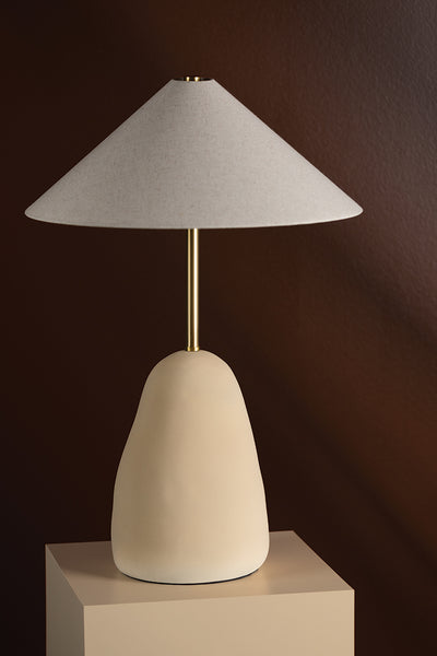 Aged Brass with Ceramic Textured Beige Base with White Linen Shade Table Lamp