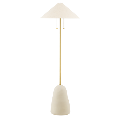 Aged Brass with Ceramic Textured Beige Base with White Linen Shade Floor Lamp