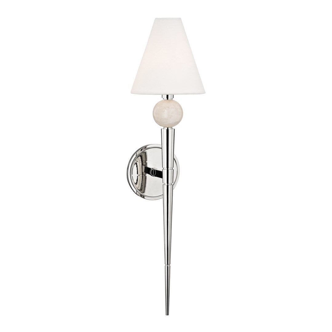 Polished Nickel Frame with Rock Crystal Orb and Fabric Shade Wall Sconce