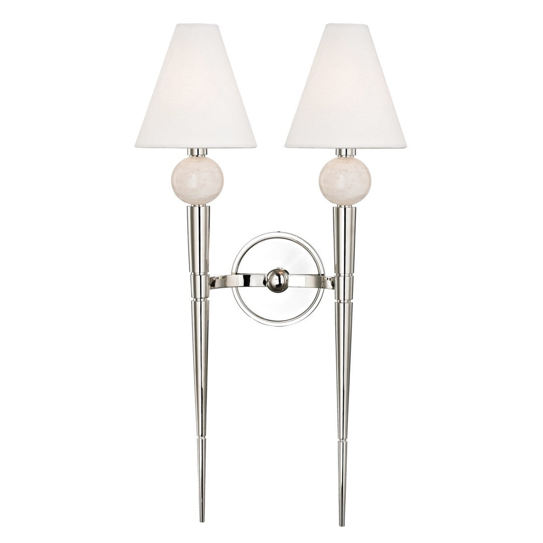 Polished Nickel Frame with Rock Crystal Orb and Fabric Shade Double Wall Sconce