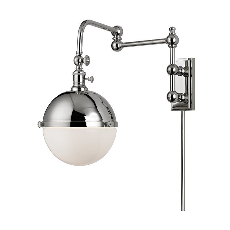 Steel Adjustable Arm with White Glass Shade Plug In Wall Sconce