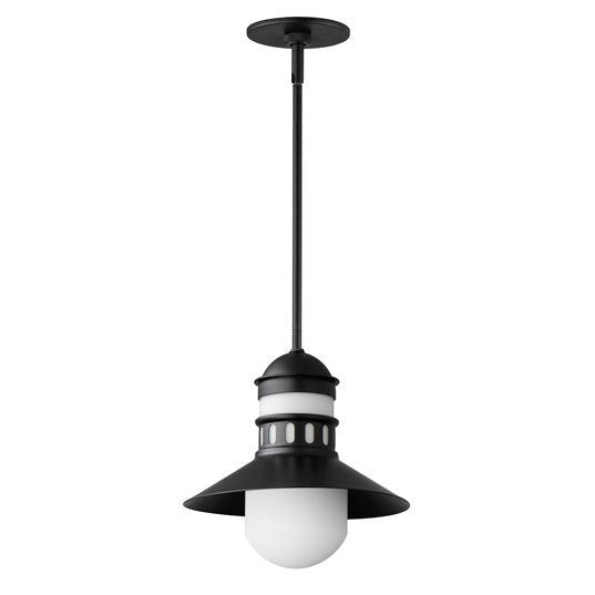 Steel Brimmed Spun Shade with Satin White Glass Shade Outdoor Pendant