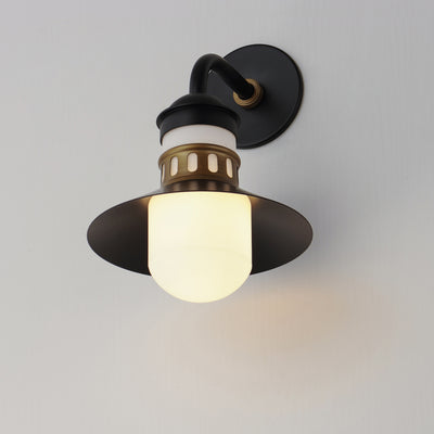 Steel Brimmed Spun Shade with Satin White Glass Shade Outdoor Wall Sconce