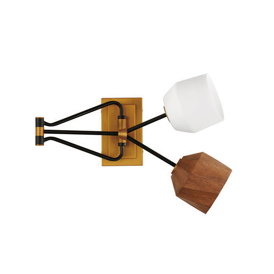 Dark Bronze and Antique Brass Frame with Walnut Stained Oak and Satin White Glass Shade Wall Sconce