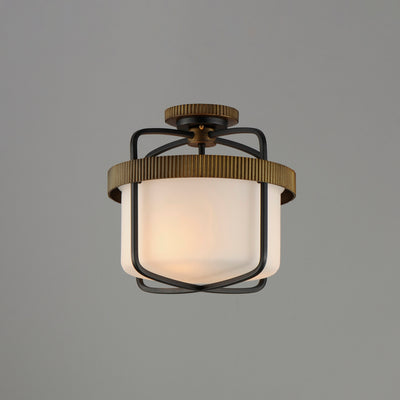 Black and Antique Brass Frame with Satin White Glass Shade Semi Flush Mount