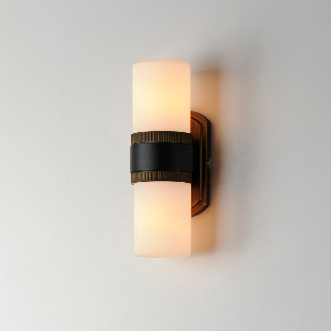 Black and Antique Brass Frame with Satin White Glass Shade Outdoor Wall Sconce