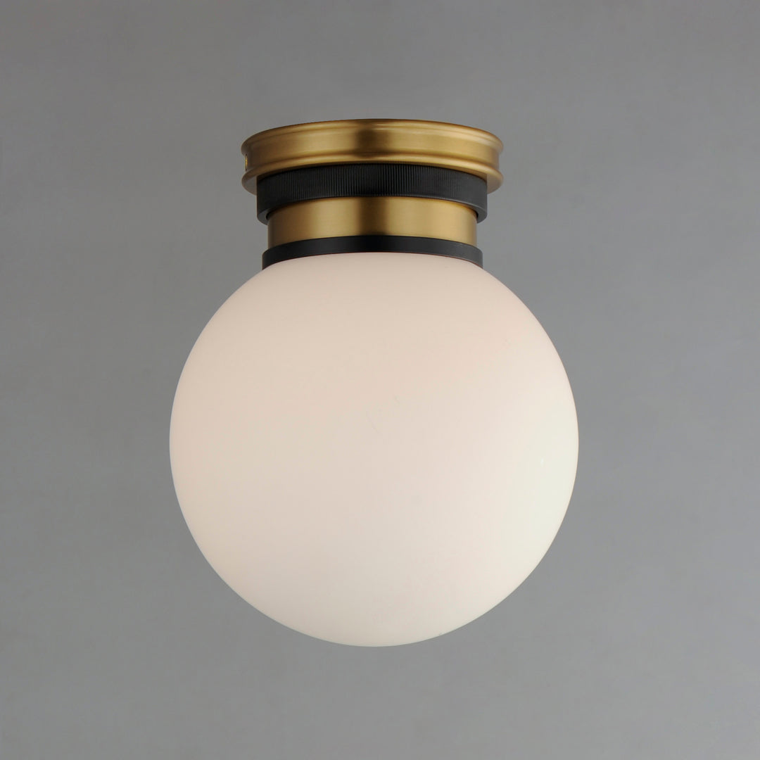 Black with Natural Aged Brass Frame with Satin White Glass Globe Shade Flush Mount
