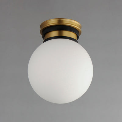 Black with Natural Aged Brass Frame with Satin White Glass Globe Shade Flush Mount