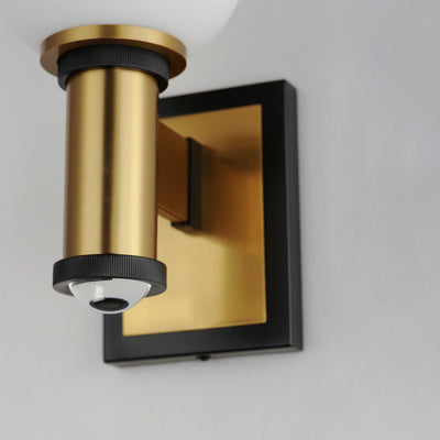 Black with Natural Aged Brass Frame with Satin White Glass Globe Shade Wall Sconce