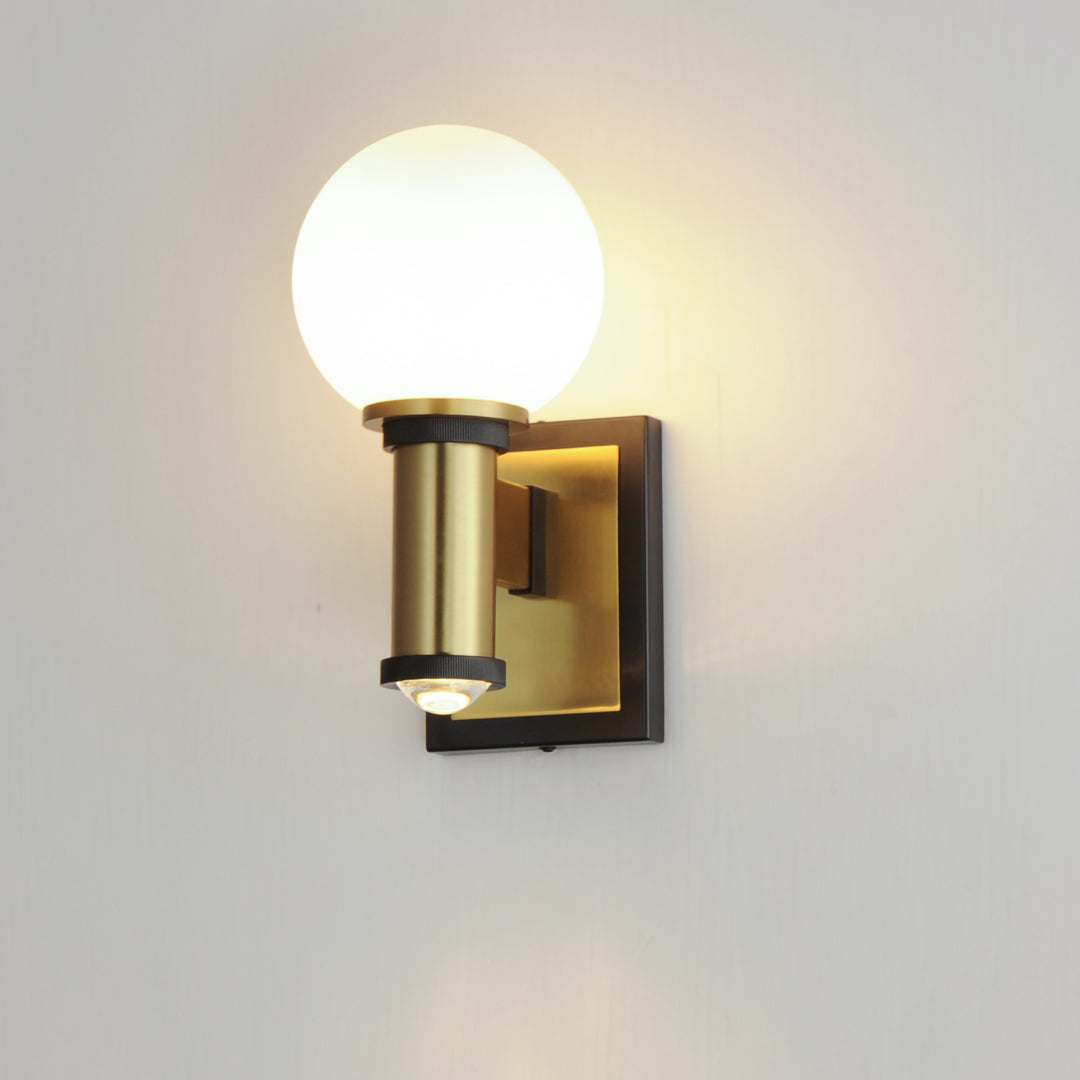 Black with Natural Aged Brass Frame with Satin White Glass Globe Shade Wall Sconce