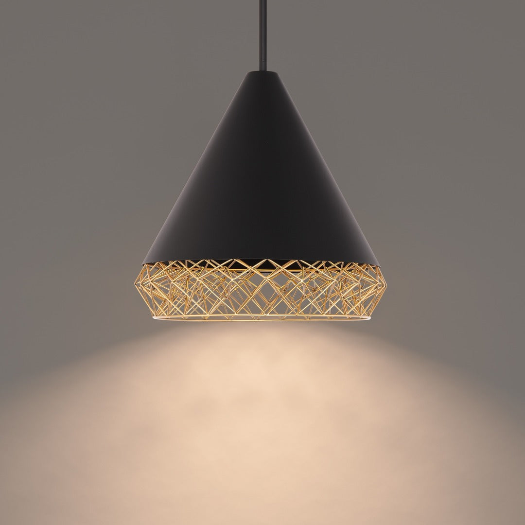 LED Black Conical Shade with Gold Metalwork Edge Pendant