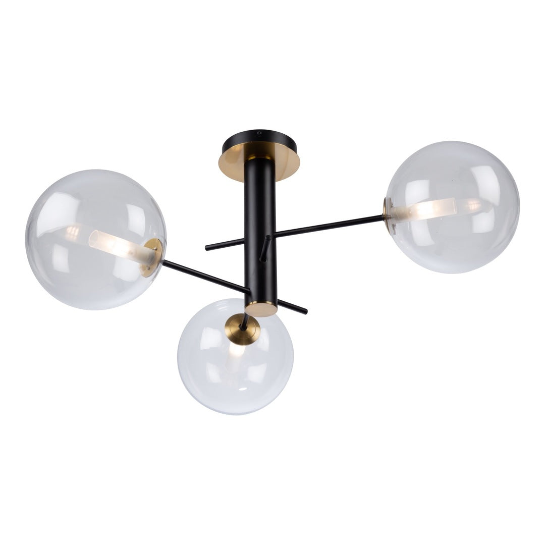 Matte Black and Brass Finish with Clear Glass Globe Semi Flush Mount