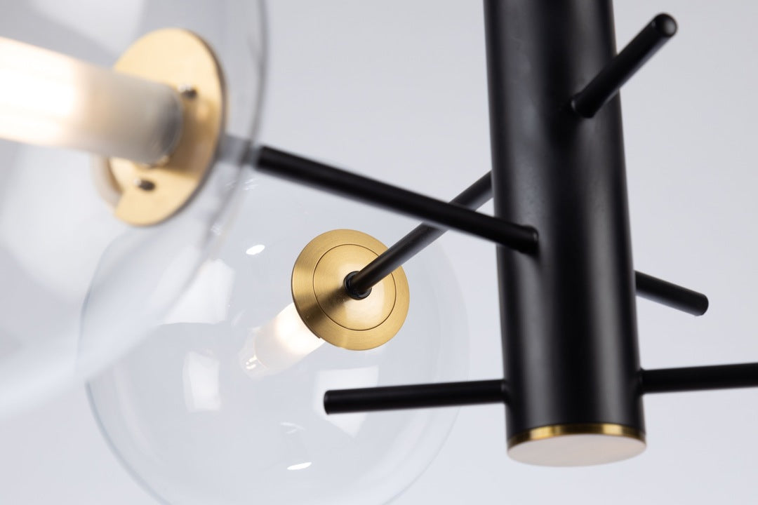 Matte Black and Brass Finish with Clear Glass Globe Semi Flush Mount