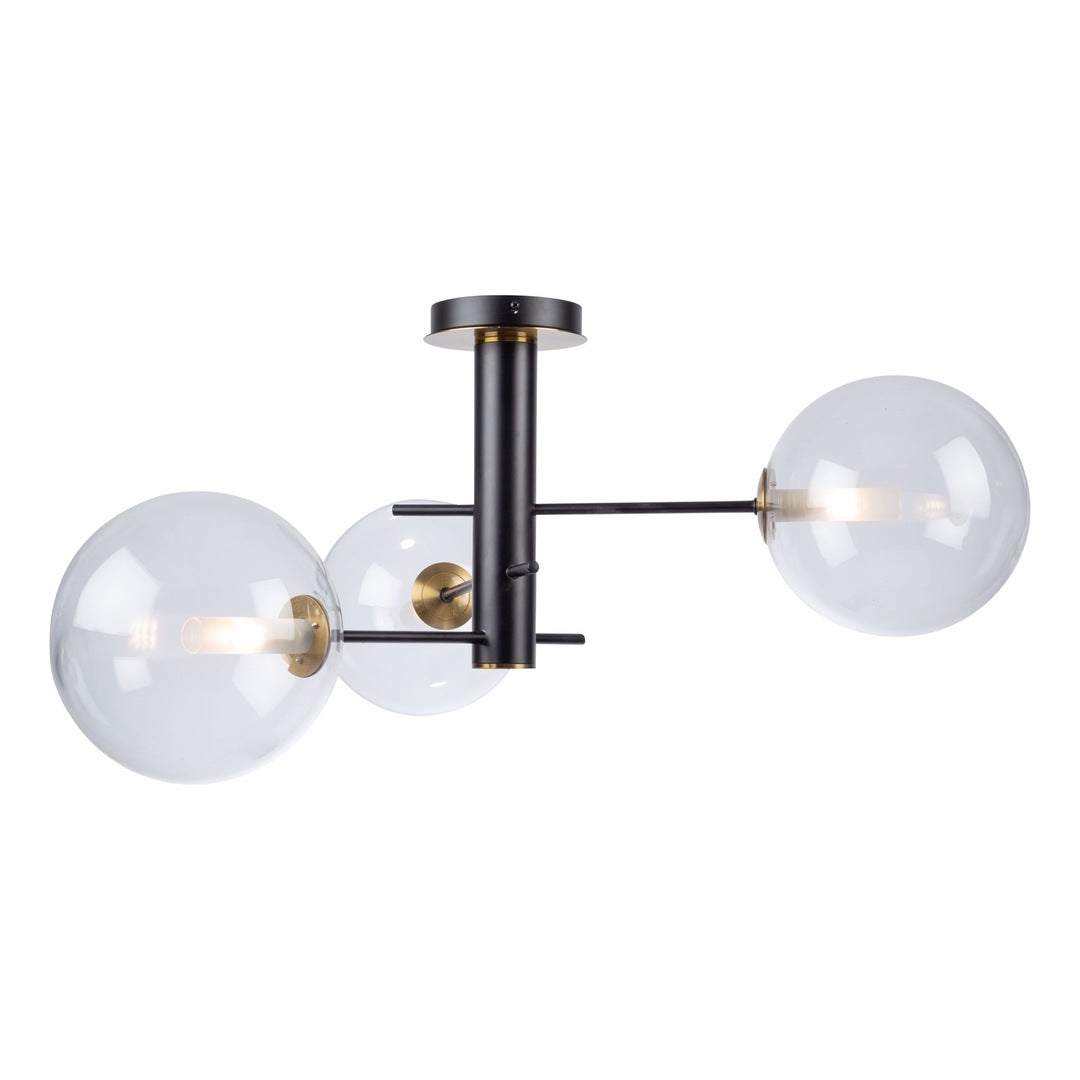 Matte Black and Brass Finish with Clear Glass Globe Semi Flush Mount