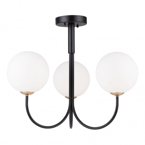 Black and Brass Curve Arm with White Opal Glass Globe Semi Flush Mount