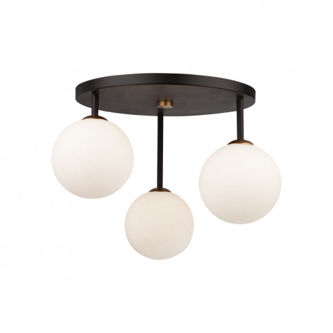 Black and Brass Curve Arm with White Opal Glass Globe Semi Flush Mount